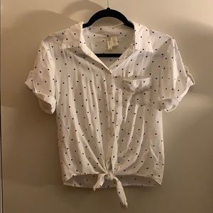 Blue polka dot white collared shirt